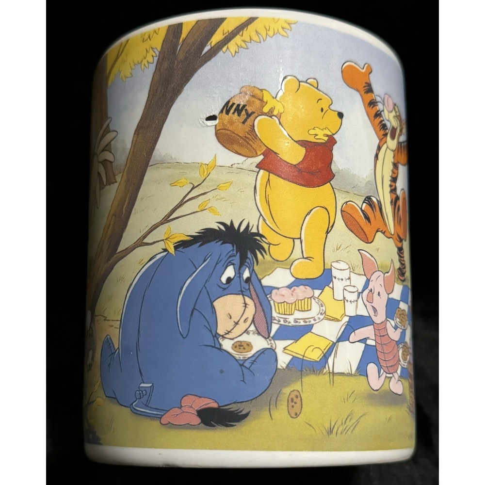 Disney Winnie The Pooh Eeyore Coffee Mug Cup‎ Piglet Roo Owl Picnic VTG